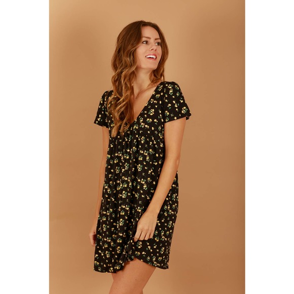 NWT BLACK FLORAL DEEP V NECK A LINE MINI DRESS - L - Picture 10 of 12